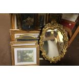 A QUANTITY OF ASSORTED PICTURES AND PRINT TOGETHER WITH A OVAL GILT FRAMED MIRROR