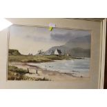A FRAMED AND GLAZED SIGNED WATERCOLOUR TITLED 'THE OLD JETTY, ISLE OF LUING ' BY DENIS PANNETT