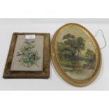 AN ANTIQUE PAINTING ON TILE, TOGETHER WITH AN OVAL FRAMED OIL ON BOARD DEPICTING CATTLE DRINKING