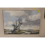 A FRAMED AND GLAZED SIGNED WATERCOLOUR TITLED 'PEPPERING FARM, BURPHAM' BY DENIS PANNETT