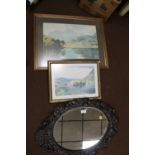 A QUANTITY OF PICTURES AND PRINTS TOGETHER WITH AN OVAL MIRROR, FIRE SCREEN, ETC