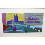 A LOCAL INTEREST FRAMED AND GLAZED MODERN TEXTILE ARTWORK 'AET HEANTUNE - HIGH TOWN' SIGNED TO THE