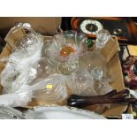 A TRAY OF GLASSWARE TO INCLUDE A SWAROVSKI PAPER WEIGHT, DECANTERS ETC