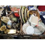 TWO TRAYS OF ASSORTED CERAMICS AND COLLECTABLES TO INCLUDE SUSIE COOPER, HIP FLASKS ETC.