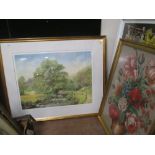 A LARGE SIGNED LTD EDITION PRINT BY JOHN GOODWIN 145/850 AND A FRAMED NEEDLEWORK
