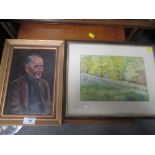 A VINTAGE PORTRAIT OF A GENTLEMAN TOGETHER WITH A V. I. HULL WATERCOLOUR (1953)