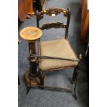 A 19TH CENTURY ROSEWOOD DINING CHAIR WITH A TORCHERE AND A METAL STAND (3)