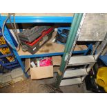A QUANTITY OF VARIOUS HAND TOOLS AND PARTS TOGETHER WITH AN EXTENSION LEAD STEP LADDERS ETC