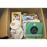 A LARGE BOX OF SSORTED ITEMS TO INCLUDE VINTAGE TOYS, SINGLE RECORDS ANNUALS ETC.