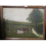 A FRAMED VINTAGE OIL ON CANVAS DEPICTING CATTLE SIGNED J. WARD 1896