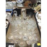 A TRAY OF CUT GLASS AND CRYSTAL TO INCLUDE TUTBURY CRYSTAL, DECANTERS, JUG ETC.