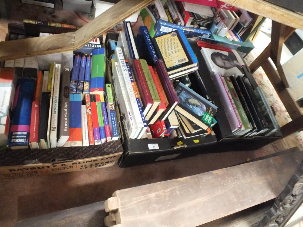THREE TRAYS OF ASSORTED BOOKS TO INCLUDE HARRY POTTER, AUTOBIOGRAPHIES ETC.