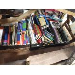 THREE TRAYS OF ASSORTED BOOKS TO INCLUDE HARRY POTTER, AUTOBIOGRAPHIES ETC.