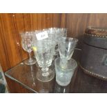 A SET OF TEN ETCHED DRINKING GLASSES TOGETHER WITH THREE EARLIER EXAMPLES