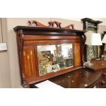 AN ART NOUVEAU MAHOGANY INLAID OVERMANTEL MIRROR