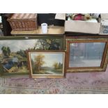 A SELECTION OF PICTURES, PRINTS, AND MIRROR TO INCLUDE OILS, OAK AND GILT FRAMES ETC