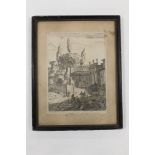 A FRAMED AND GLAZED WOODCUT DEPICTING A CONTINENTAL PALACE SIGNED FRAN VON BLOEMEN DET HORIZONTI