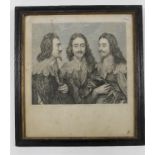 A FRAMED AND GLAZED ENGRAVING DEPICTING THREE VIEWS OF CHARLES THE 1ST BY ANTONIUS ANNDYCK ENGRAVED