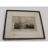 A FRAMED AND GLAZED ETCHING DEPICTING A LANDSCAPE SCENE WITH A CITY IN THE DISTANCE BY H TOUSANT