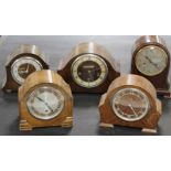 FIVE MID 20TH CENTURY MANTEL CLOCKS IN WOODEN CASES, to include a 'Bentina' example (5)
