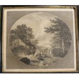 A FRAMED AND GLAZED ENGRAVING BY WILLIAM WOOLET AFTER THOMASD HEARME, depicting travellers crossing