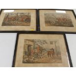 THREE FRAMED AND GLAZED OFF COLOURED PRINTS DEPICTING HUNTING SCENES