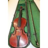 A VIOLIN AND BOW IN HARD CARRY CASE A/F