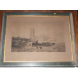 A FRAMED PRINT OF A BOAT ON THE THAMES WITH WESTMINSTER ABBEY IN THE BACKGROUND