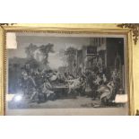 A FRAMED AND GLAZED PRINT OF MILITARY PENSIONERS IN A GILT FRAME