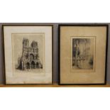 TWO FRAMED AND GLAZED ETCHINGS BY M C ROBINSON, one of a cathedral and one titled 'On the Banshee'