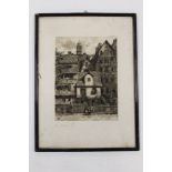 A FRAMED AND GLAZED ETCHING DEPICTING CHILDREN OUTSIDE A TOWN HOUSE SIGNED L ANGERER