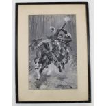 A FRAMED AND GLAZED AQUATINT OF A COWBOY AND A SOLDIER WRESTLING ON HORSE BACK SIGNED STANLEY L WOO