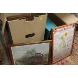 TWO BOXES OF FRAMED AND GLAZED PICTURES AND PRINTS TO INCLUDE STEAM RAILWAY INTEREST