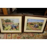 A PAIR OF FRAMED AND GLAZED FARMING PRINTS BY TREVOR MITCHEL