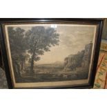 A FRAMED ENGRAVING BEHIND GLASS BY CLAUDE DE LORRAIN ENGRAVED BY WILLIAM WOOLET