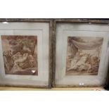 A PAIR OF FRAMED SEPIA ENGRAVINGS NYMPHS & SATYR ALONG WITH CIMONE & IFIGENIA