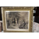 A LARGE GILT FRAMED ENGRAVING 'THE LORD OF THE MANOR ON OLDEN TIME'