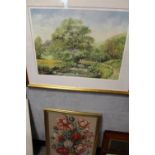 A LARGE SIGNED LTD EDITION PRINT BY JOHN GOODWIN 145/850 AND A FRAMED NEEDLEWORK