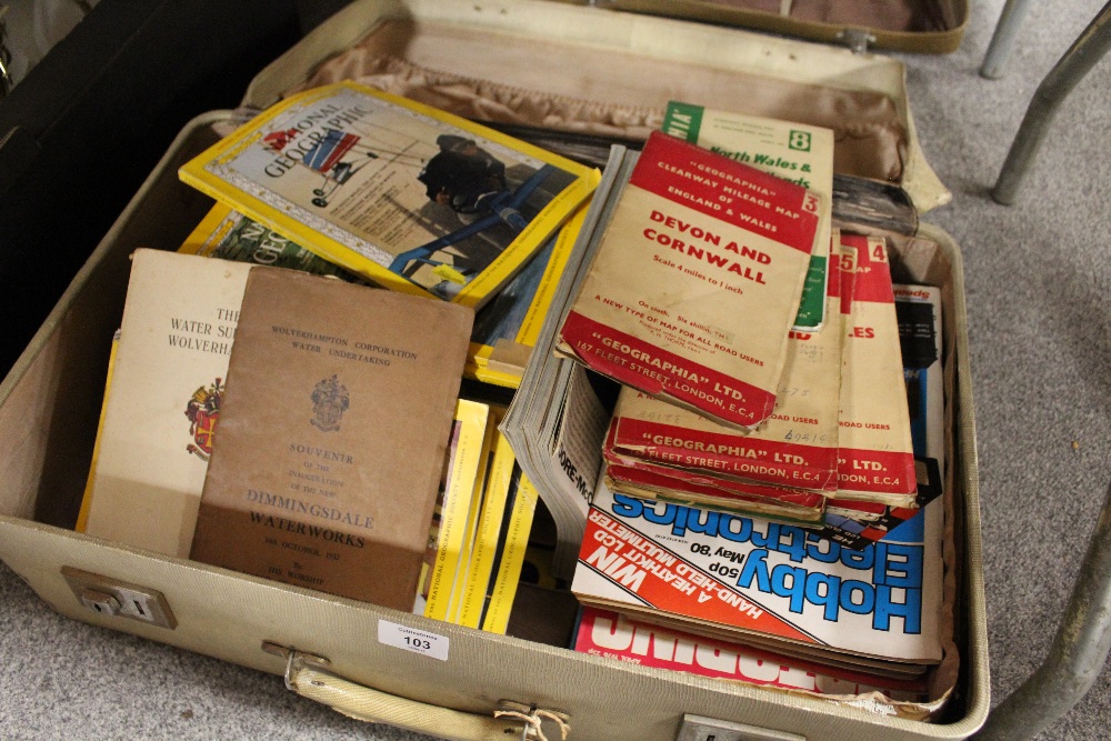 A VINTAGE SUITCASE CONTAINING A SELECTION OF 'GEOGRAPHIA' MILEAGE MAPS, MAGAZINES ETC
