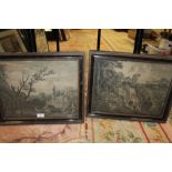 PAIR OF FRAMED ENGRAVINGS BEHIND GLASS ONE LANDSCAPE AND ONE FISHING BOAT ON SHORE LINE