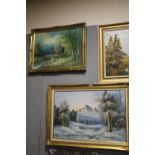 TWO GILT FRAMED OIL PAINTINGS DEPICTING RIVERSIDE/ COUNTRY SCENES