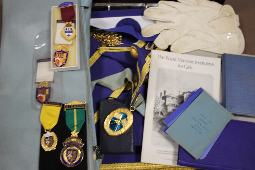 A COLLECTION OF STAFFORDSHIRE MASONIC REGALIA INCLUDING MEDALS, SASH, GLOVES ETC