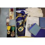 A COLLECTION OF STAFFORDSHIRE MASONIC REGALIA INCLUDING MEDALS, SASH, GLOVES ETC