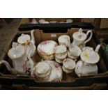 A TRAY OF GILDED CHINA, TEA POTS ETC TO INCLUDE ROYAL ALBERT AUTUMN ROSES