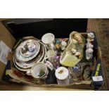 A TRAY OF CERAMICS AND GLASS TO INCLUDE AYNSLEY