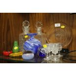 A SELECTION OF GLASSWARE TO INCLUDE A LAFIORE VASE, DECANTERS, MILLIFIORE AND GOZO GLASS PAPER