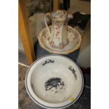 A BATH POTTERY UNUSUAL SHAPED JUG AND BOWL SET PLUS TWO OTHER LARGE BOWLS