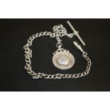 A HALLMARKED SILVER ALBERT CHAIN WITH SILVER FOB
