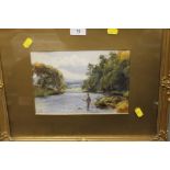 A SIGNED GILT FRAMED GUY PEARSON WATERCOLOUR OF A MAN FISHING
