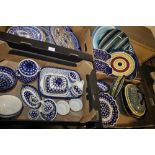 FOUR TRAYS OF BOLESLAWIEC AND OTHER POTTERY TO INCLUDE WALL HANGING PLATES, TUREEN, BOWLS ETC.